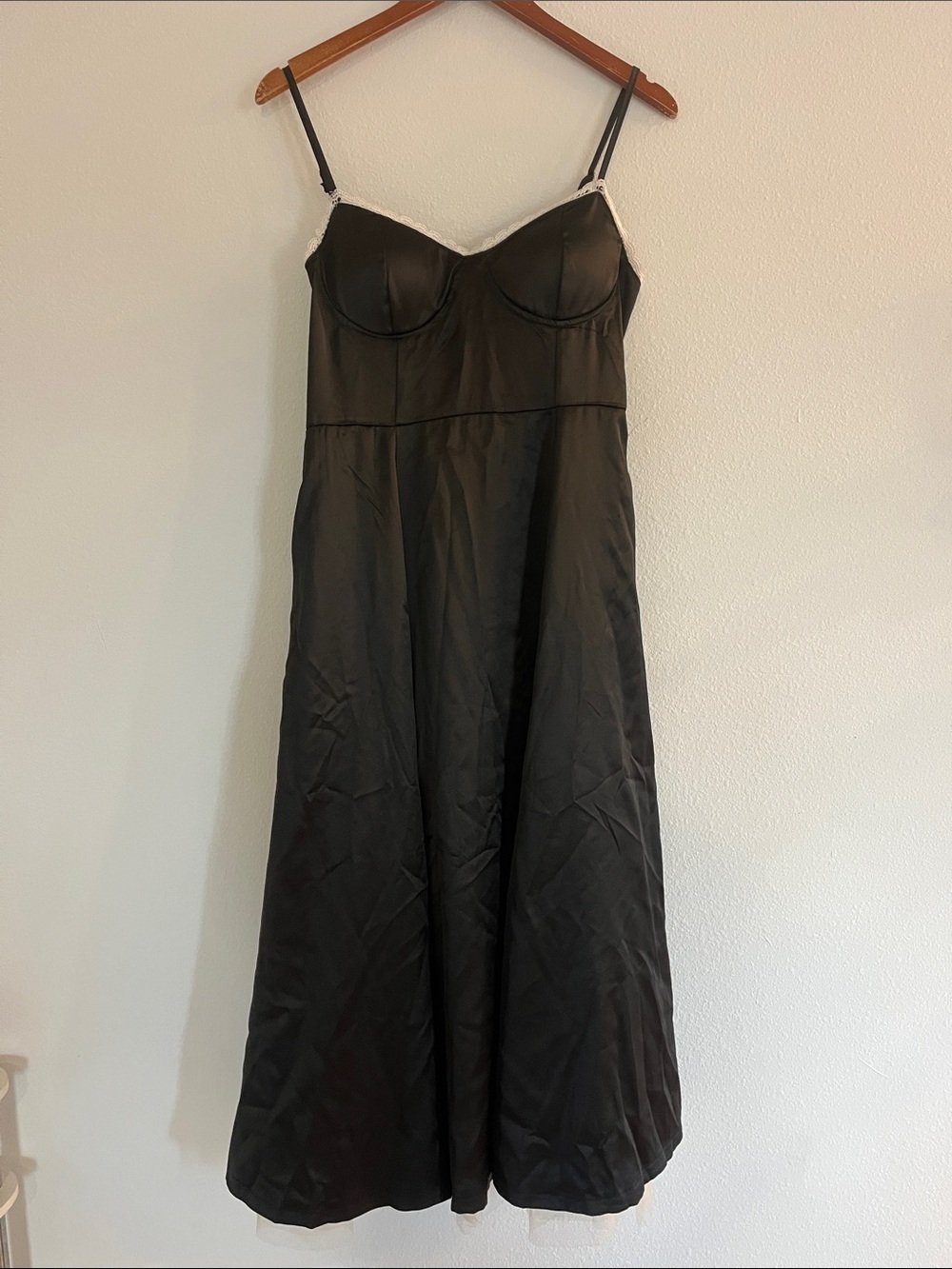 Black Satin Full Length Tulle Lined Slip Dress with Lace Trim